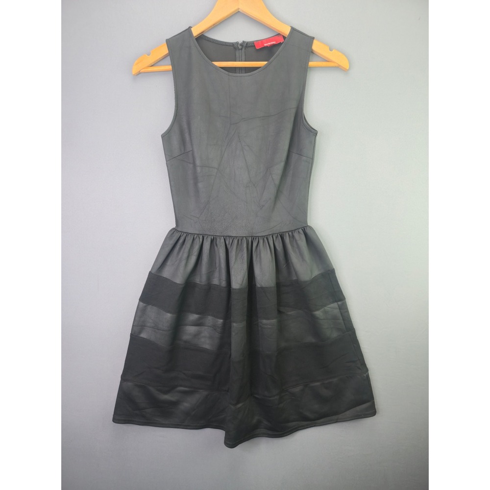RED Saks Fifth Avenue Dress Faux Leather Mesh Fit Flare S Black Mini Sleeveless